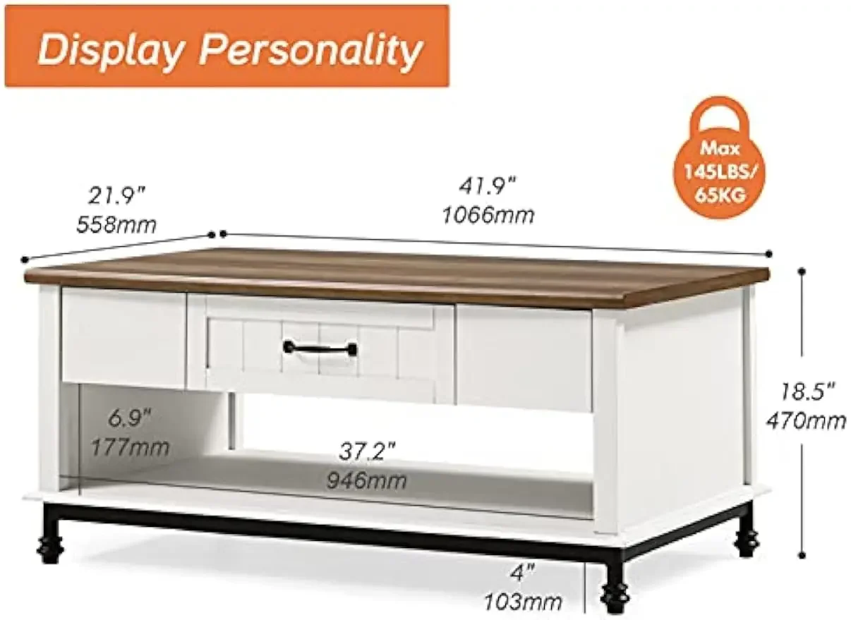 WAMPAT White Coffee Table with Drawer, Rectangle Center Table with Open Storage Shelf for Living Room, Modern Coffee Table Tea