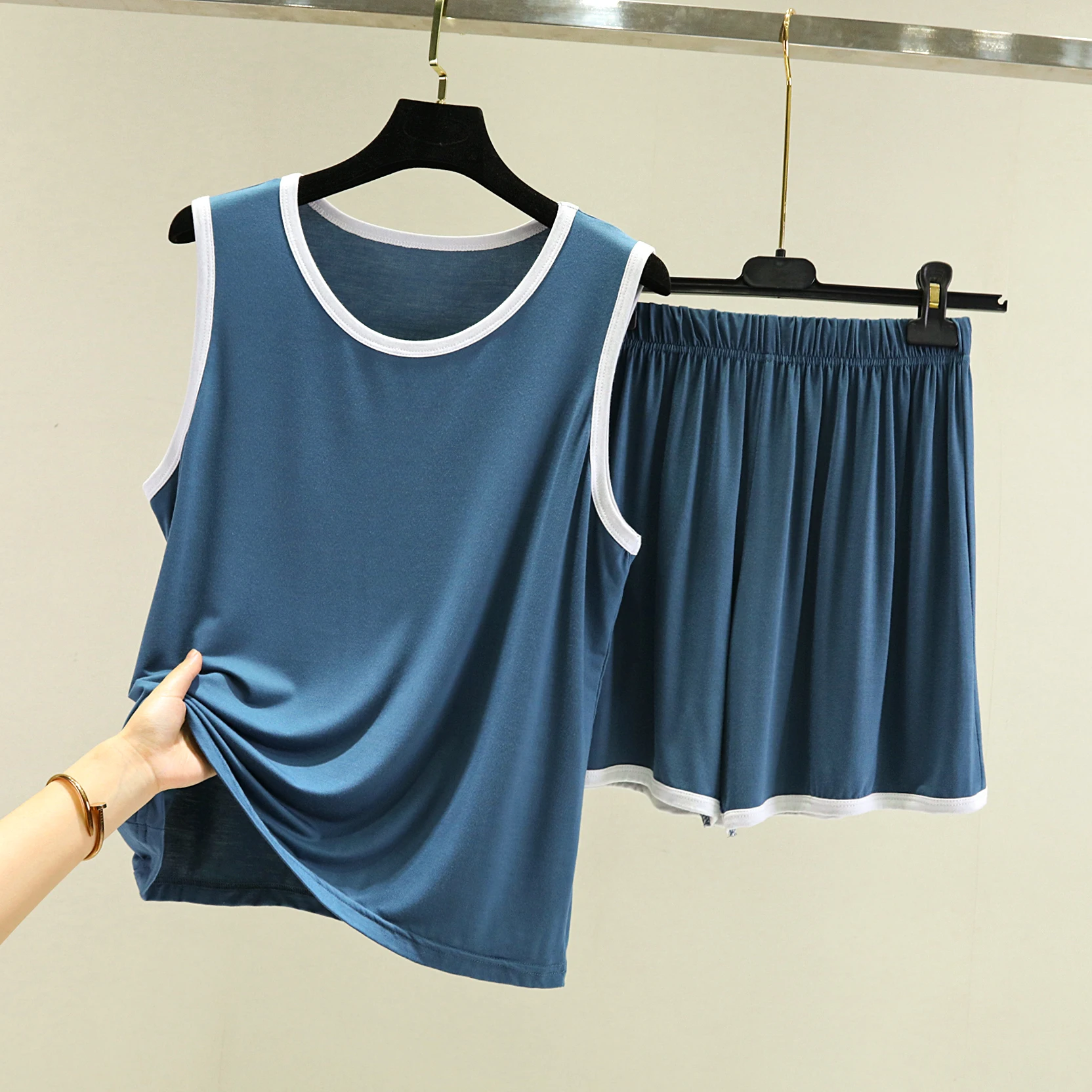 Conjunto de orts e Regata Modal F de Verão, Casual, Solto, Tamanho Plus, Confortável e Respirável em Mistura de Aodão