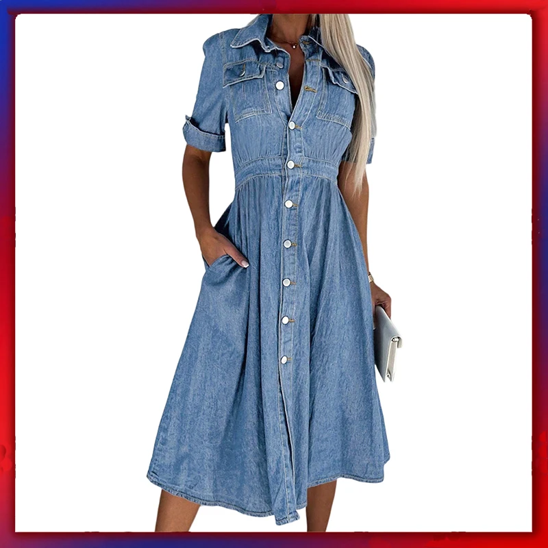 

New European Style Lapel Button Slimming Dress Long Denim Gown Elegant And Slimming For Women Fashionable Spring Outfit 2025