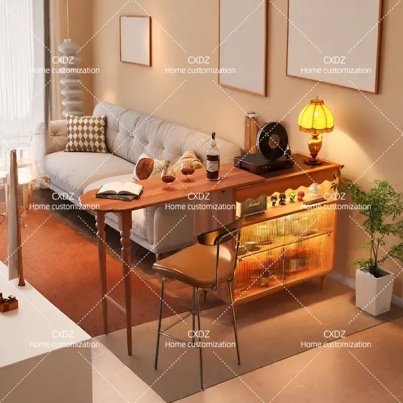 Edge Solid Wood Bar Side Cabinet Household Small Apartment Living Room Japanese Telescopic Dining Table Partition Integrated