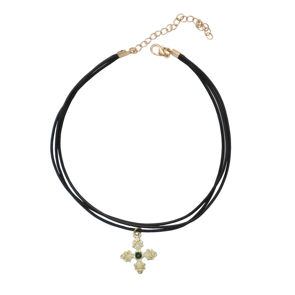 Triple Layers Cross Pendant Choker for Women Neck Clavicle Necklace Lady Jewelry Accessories Girl Gift PU Leather 30+7cm Chain