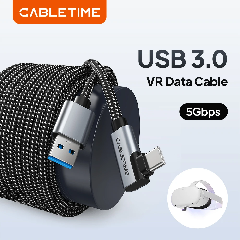 CABLETIME VR Cable USB3.0 Data for Oculus Quest 2 VR Glasses 90 degree 3A 5Gbps High for Samsung Huawei Xiaomi VR CameraSpeed