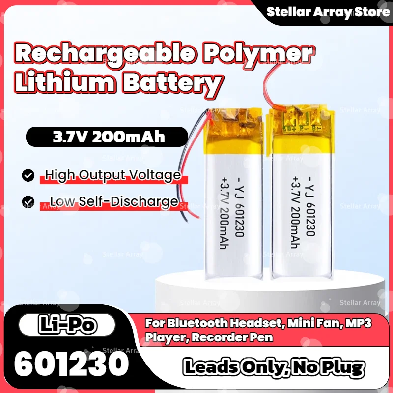 

601230 Polymer Li-ion Battery 3.7V 200mAh, Compatible with TWS Earphones, Handheld Fan, Walkman, Voice Recorder Pen