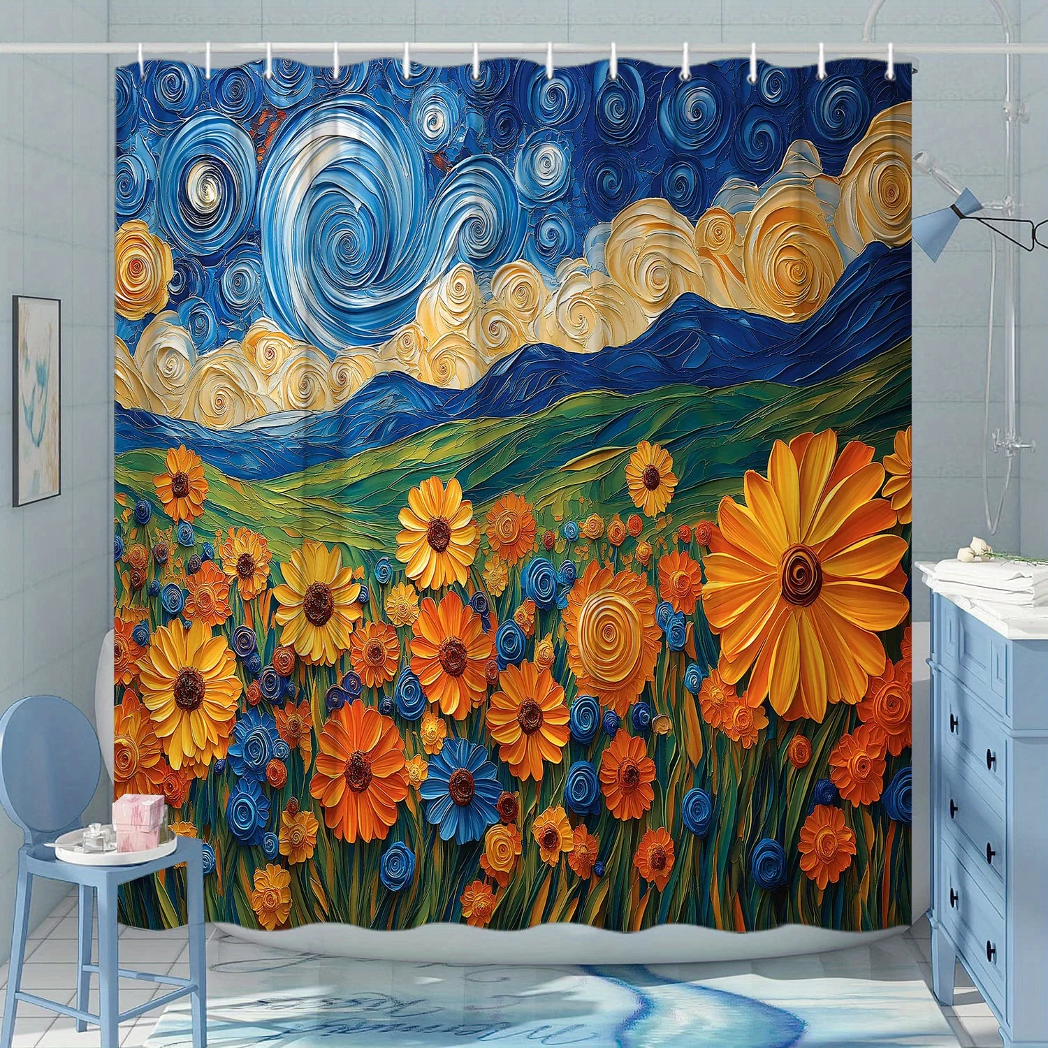 

1pc Van Gogh-Inspired Starry Night Floral Field Shower Curtain with Swirling Clouds & Vibrant Flowers - Polyester, Machine Washa