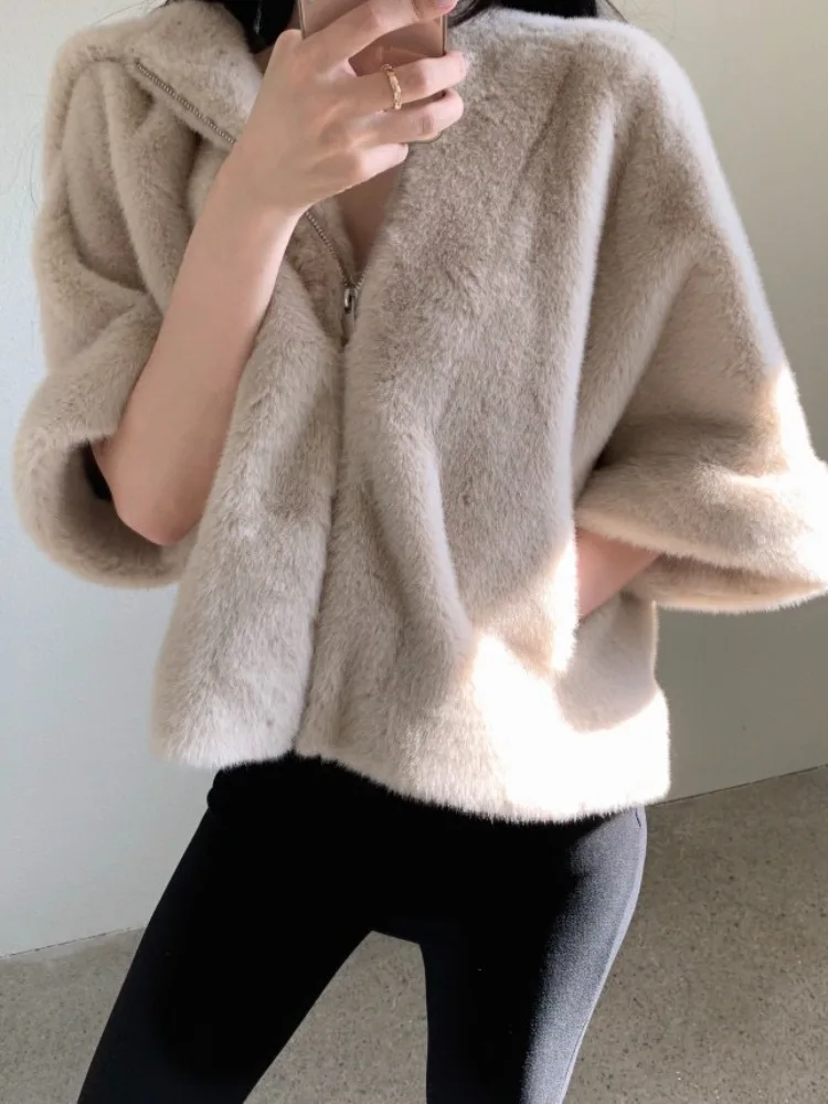Chic hiver coupe ample fermeture éclair ort Sve manteau de fourrure à capuche femmes Plu cuir Jaet décontracté trajet Sle autre matériel