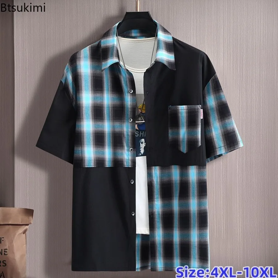 New Men's Short Sleeve Shirts Summer Men Patchwork Color Block Plaid Shirts Plaid Hip Hop Streetwear Male Plus Size 10XLShirt