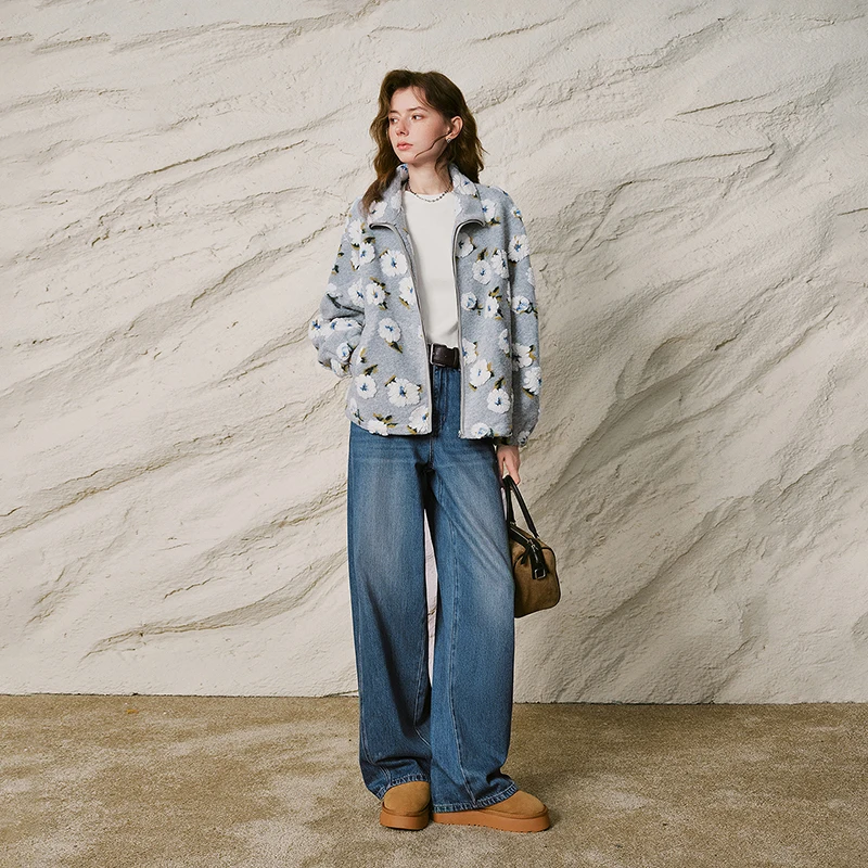 Women's Fleece Jacquard Jacket with Stand Collar - Winter Outerwear