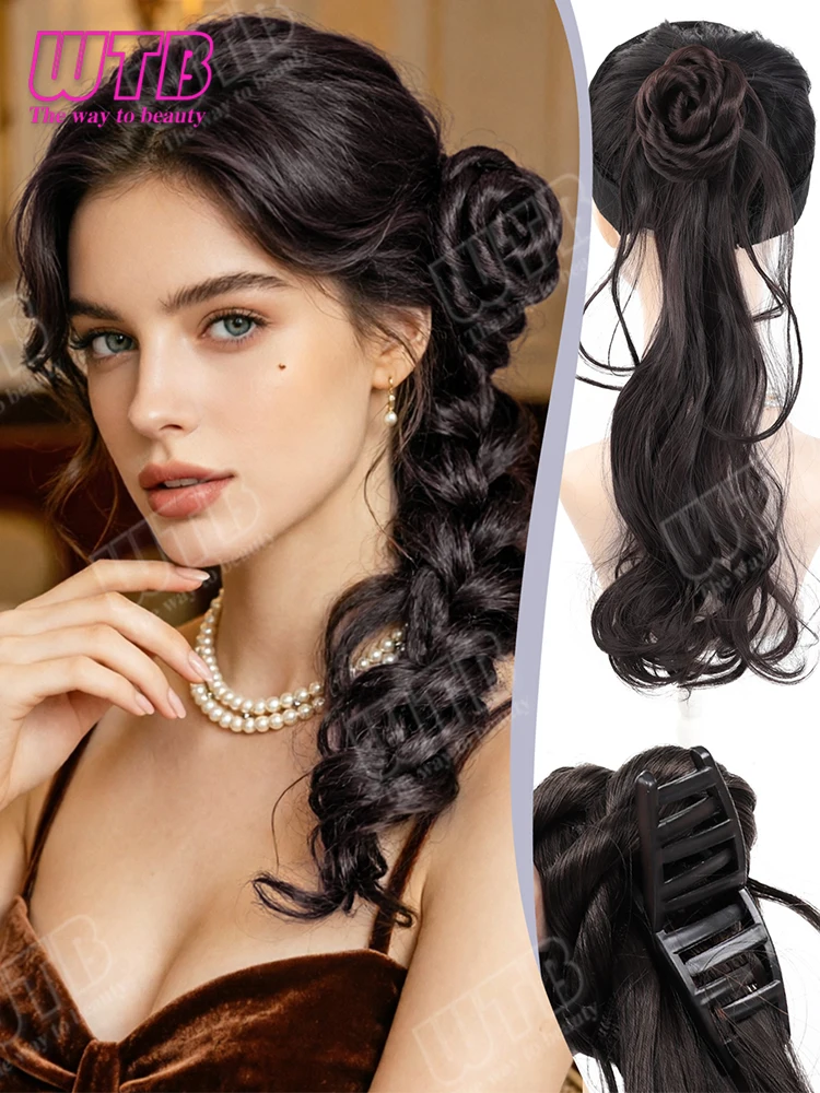 Synthetic Wig Floral Bun Claw Clip Style Voluminous Long Curly Ponytail with Bun Suitable for Daily Wear Proms Festive Occasions