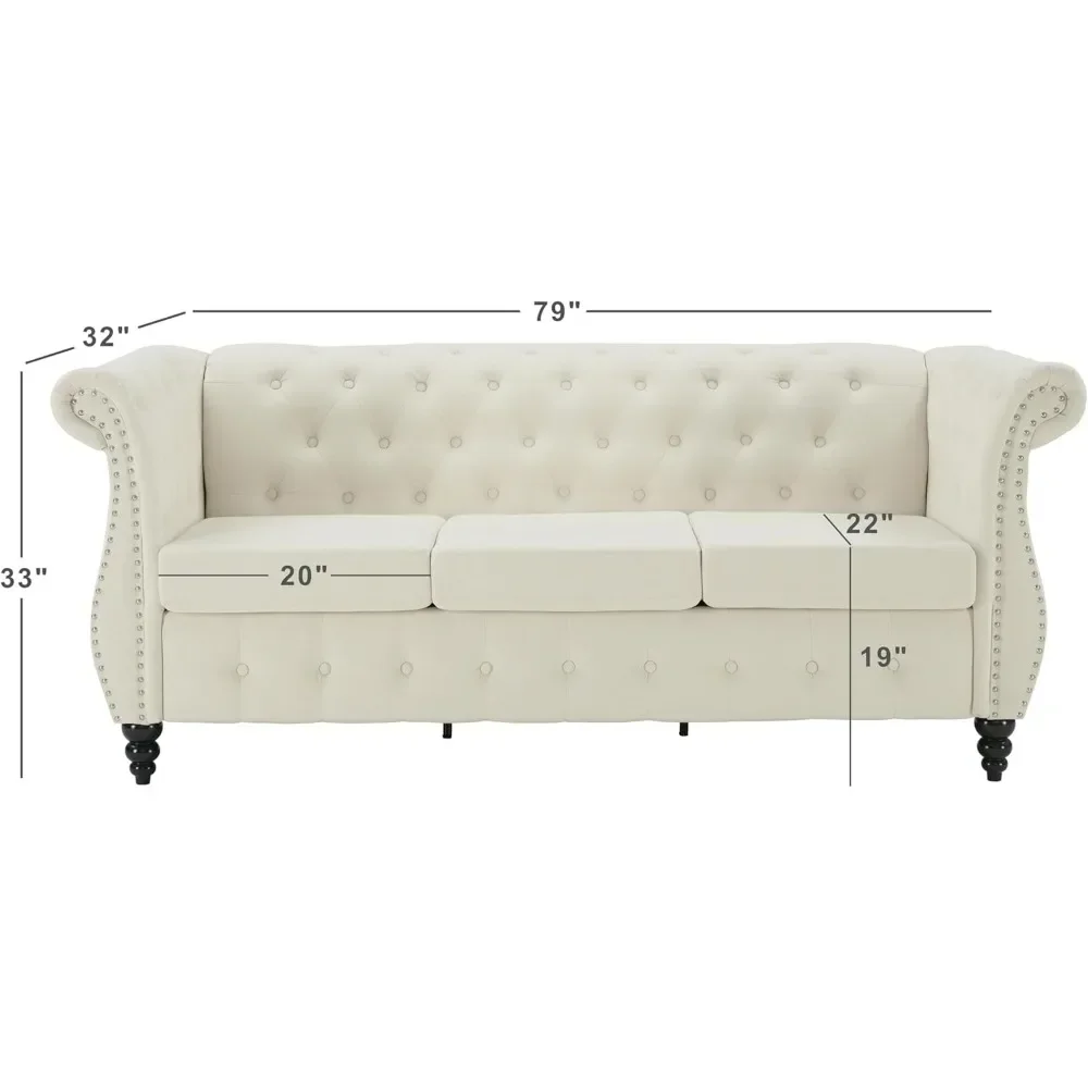 Chesterfield Sofa with Rolled Arms, Classic Button Tufted 3 Seater Couch with Nailhead Trim, Upholstered Chesterfield Couches