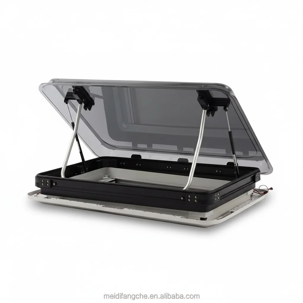 RV Skylight, 700x500mm Aluminum Alloy Roof Window with LED Light, Waterproof Double Acrylic Caravan Roof Hatch for RV, Caravan