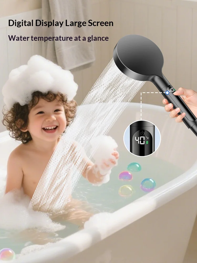 

Digital temperature Handheld shower head pressurized 4 water outlet Modes Spray Nozzle Bathroom Accessories 3D Massage