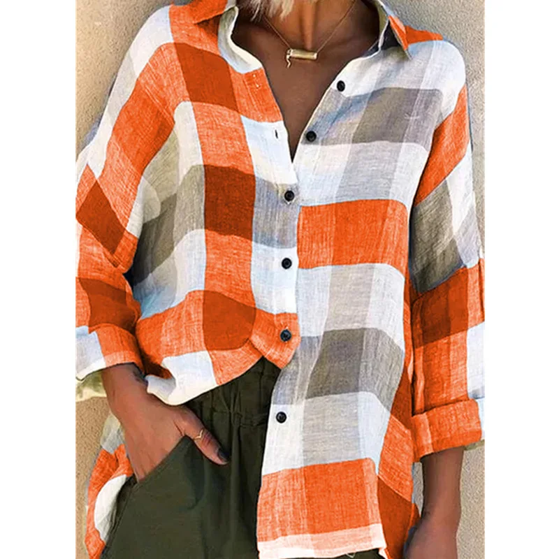 Wish Women's Printed Long Sleeved Shirt Loose Checkered Shirt