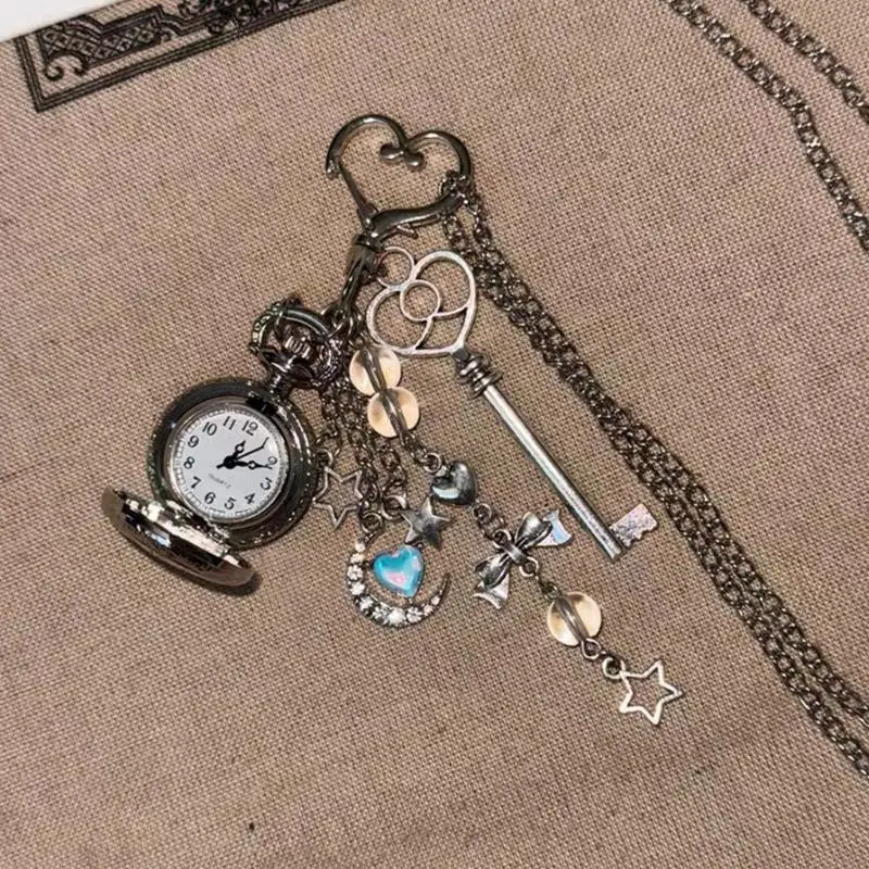 Sweetheart Themed Vintage Pocket Watch Keychain Neck Chain Featuring Open Heart Case And Playful Bear Charm