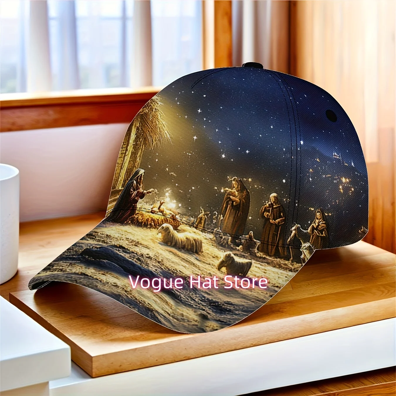 1pc Nativity Scene Printed Baseball Cap with Starry Night Design - Adjustable Unisex Foldable Lightweight Hat for Outdoor Sports