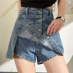 New Kerean Slim High Waisted Women's Fake Shorts Skirt Split Denim Culottes Summer Jeans Shorts Women A-line Cargo Short Pants