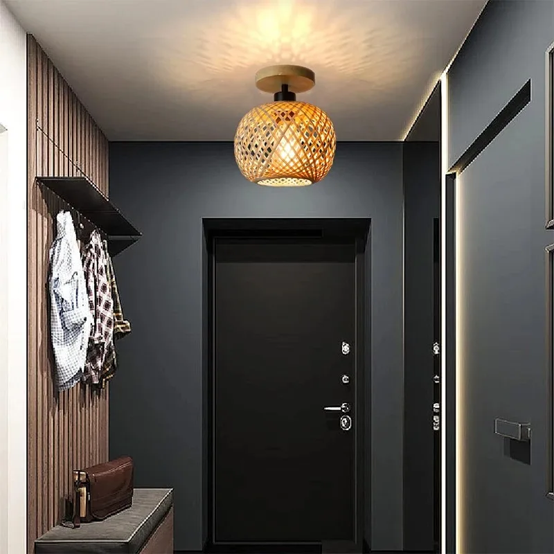 Rattan Pendant Lamp Handmade Bamboo E27 Retro Ceiling Light Fixture for Indoor Home Kitchen Bedroom Dining Room Decorative