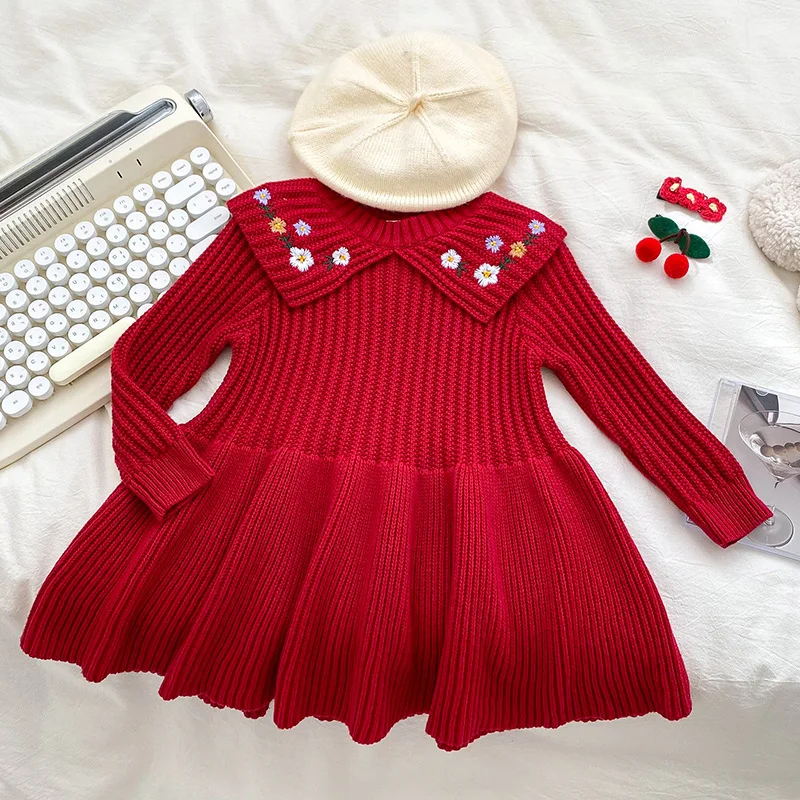 

2025 Spring Autumn Baby Girls Knitted Princess Dress Flower Embroidery Long Sleeve Red Dresses Toddler 2-7 Years Cute