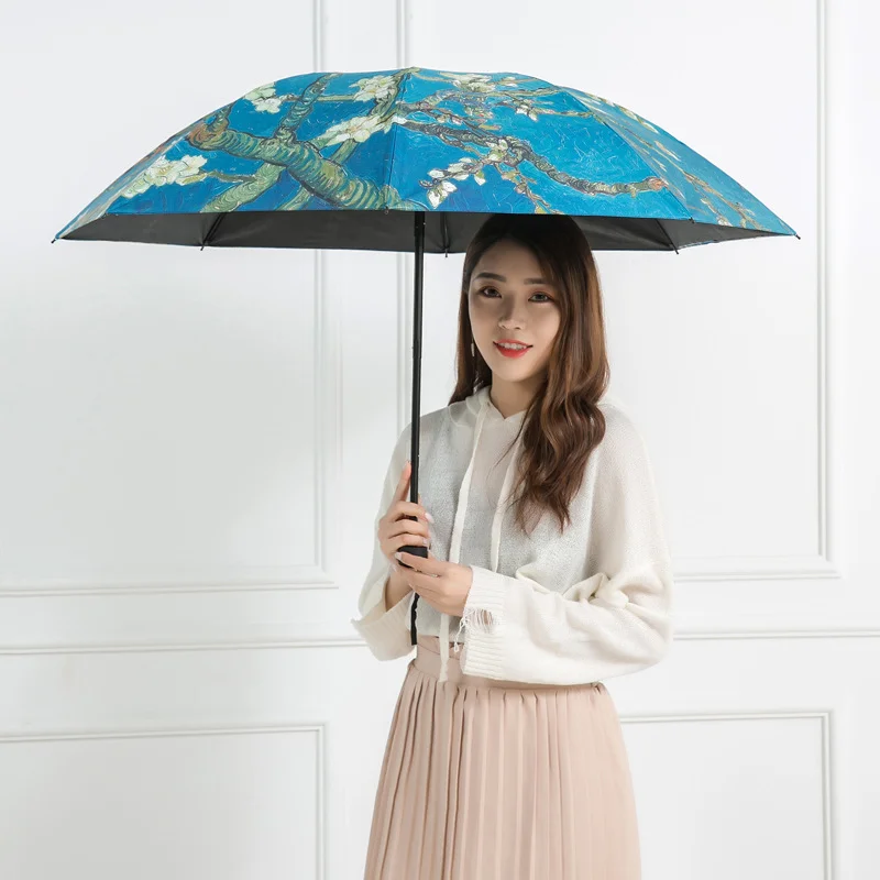 Składany parasol damski wiatroodporny Van Gogh obraz olejny parasol przeciwdeszczowy żeński jakości czarny parasol przeciwsłoneczny
