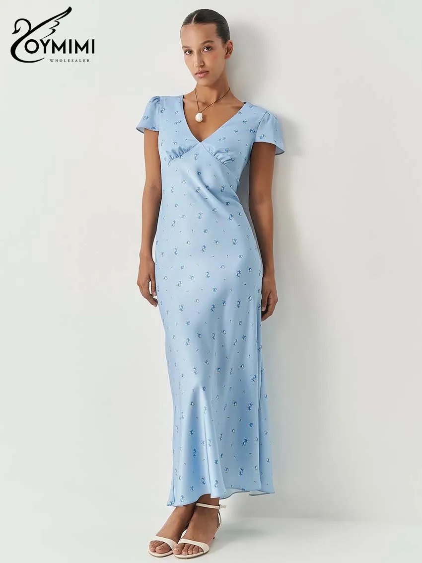 Oymimi Women's Light Blue Floral Maxi Dress 2026 Spring V-Neck Puff Sleeve Satin Fabric Bodycon Casual Party Trendy Fashion Wear