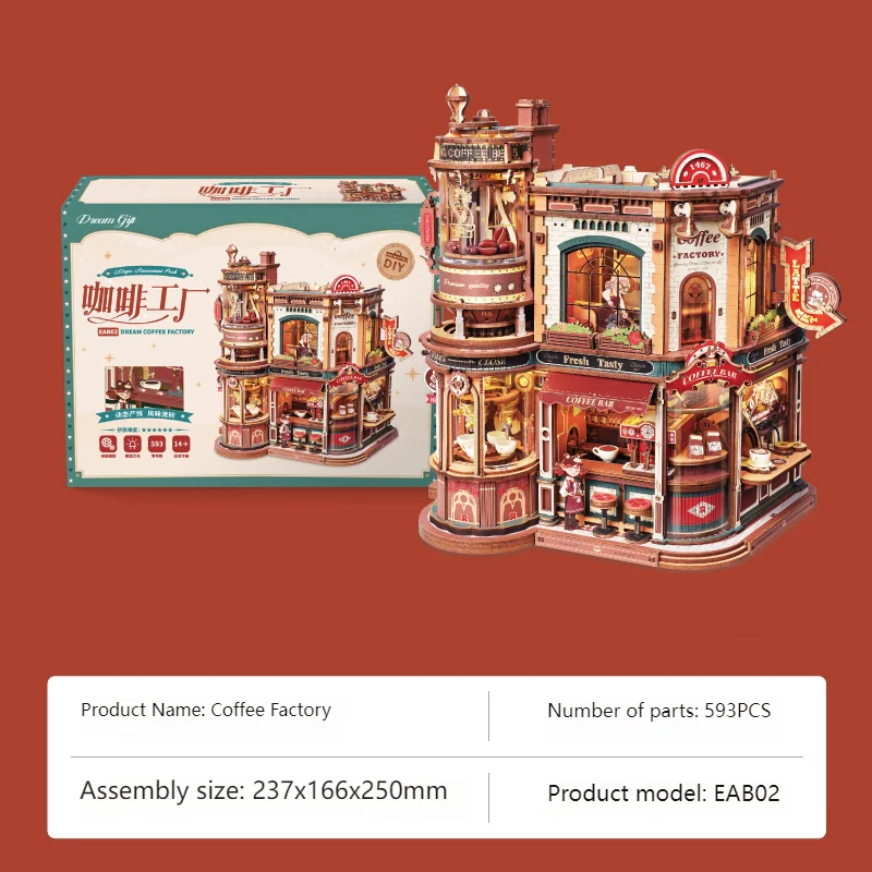 DIYコーヒーファクトリーモデルキット - 大人向け3D木製パズル、LEDライト、音楽、フィギュア付き、ユニークな誕生日プレゼントのアイデア
