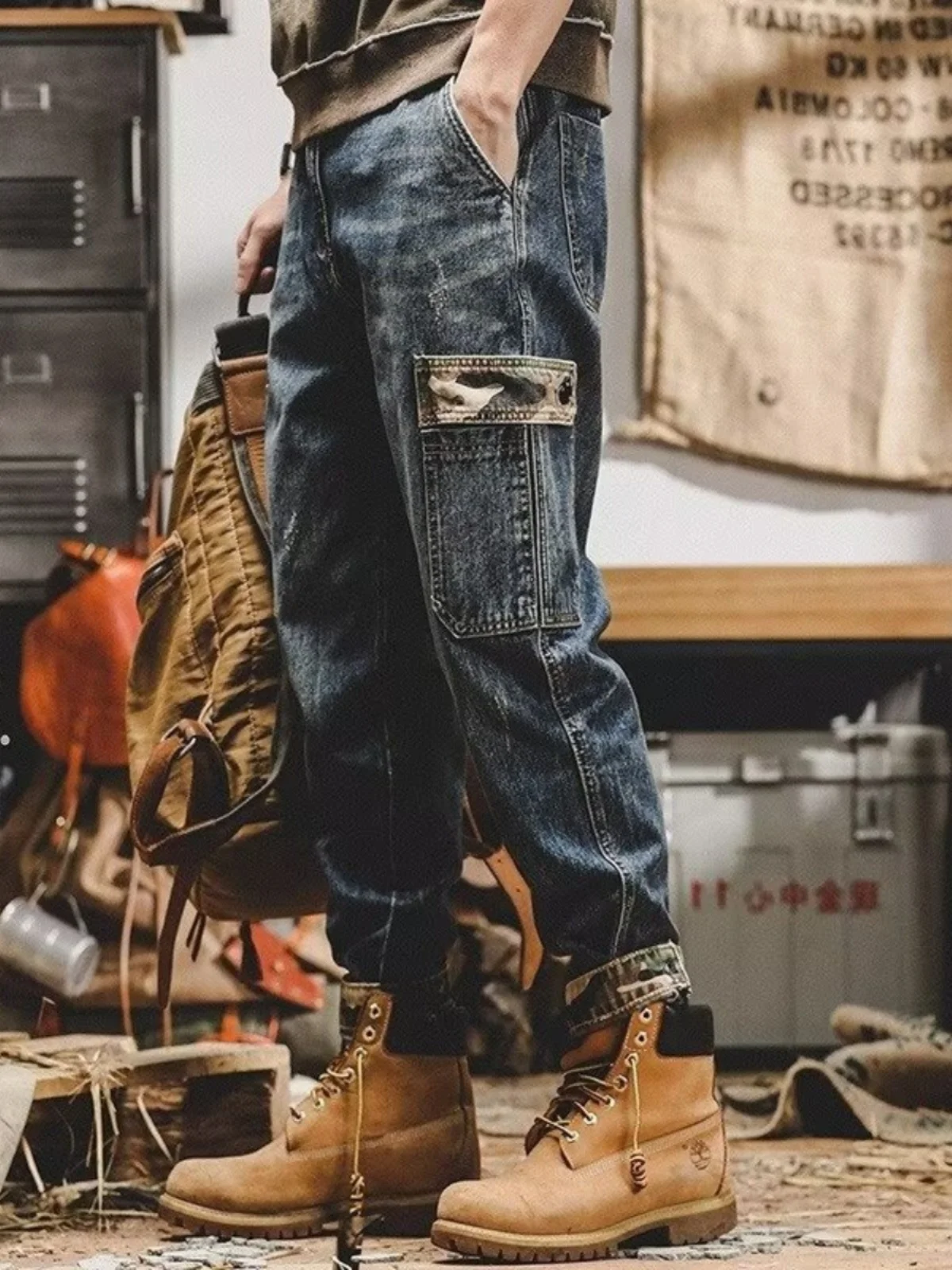 

Американские джинсы-карго для мужчин: весна-лето-осень, свободные, с отворотами, повседневные, новые, из денима, в стиле Youthful Energy Wind