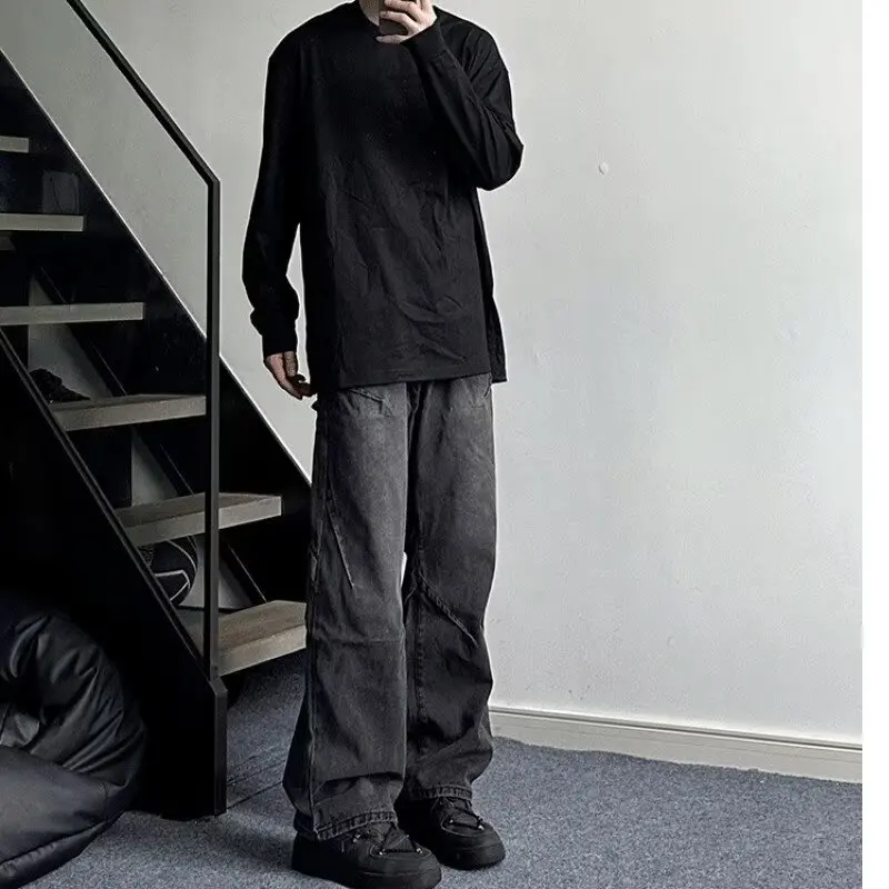 

Мужские джинсы свободного кроя в стиле ретро, повседневные длинные прямые брюки в стиле ретро, осень-зима, на пуговицах со средней талией, Clo...