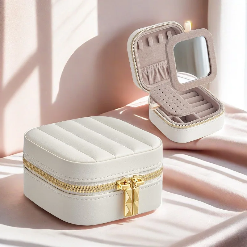 

Portable Jewelry Box Double Metal Zipper Independent Mirror Earrings Necklace Storage Large Capacity Jewelry Storage