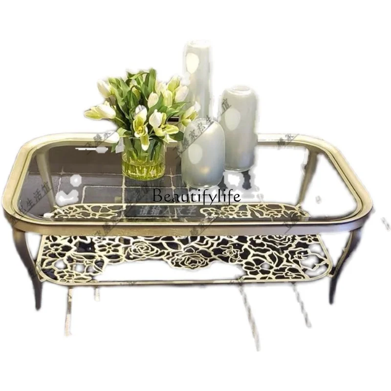 

Light luxury modern glass tempered round coffee table American solid wood simple rectangular creative hollow coffee table