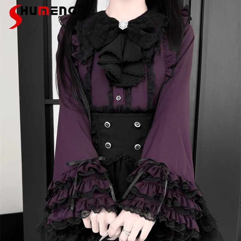

Original Japanese Lolita Style Cute Lace Blouse With Princess Sleeves Elaborate Long-sleeved Single-breasted Top Shirt And Skirt
