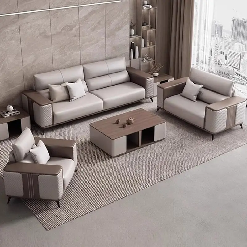 Office sofa coffee table combination set Italian leather three-person business meeting reception simple office sofa