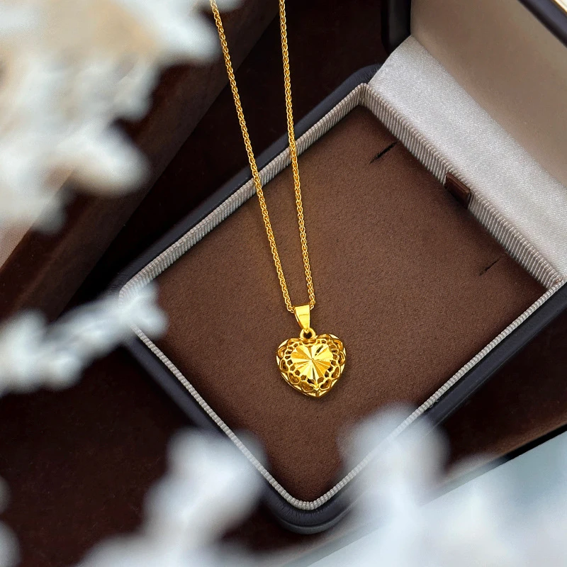 Luxury 100% Real 24K Gold Heart Collarbone Chain Necklace, Classic & Elegant Engraved Heart Pendant For Women