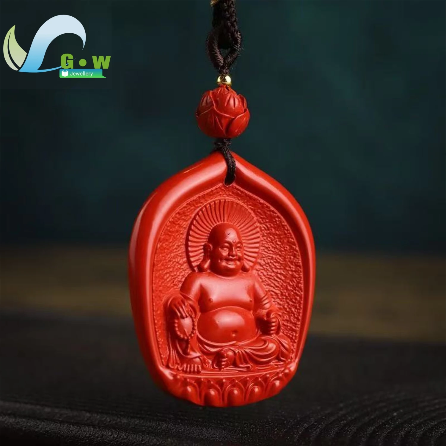 Natural Cinnabar Laughing Buddha Pendant Hanging Amulet Necklace Unisex Carved Gemstone Jewelry Lucky Charm Gift For Men Women