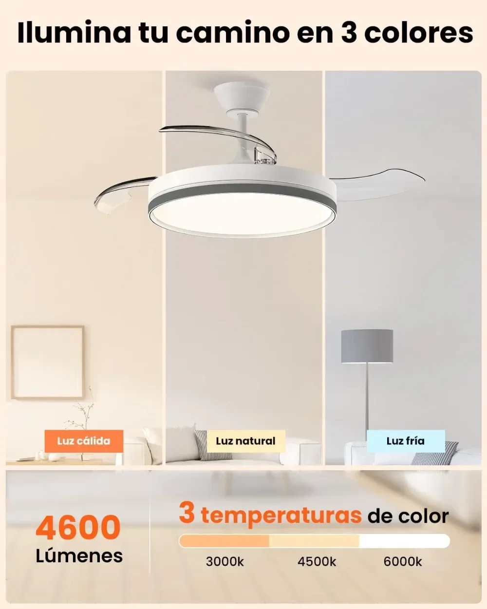 106 سنتيمتر Ventilador de Techo con Luz Aspas Retráctiles ، 69 واط لامبارا Ventilador Techo Silencioso con Mando y DC Motor para Dormitori