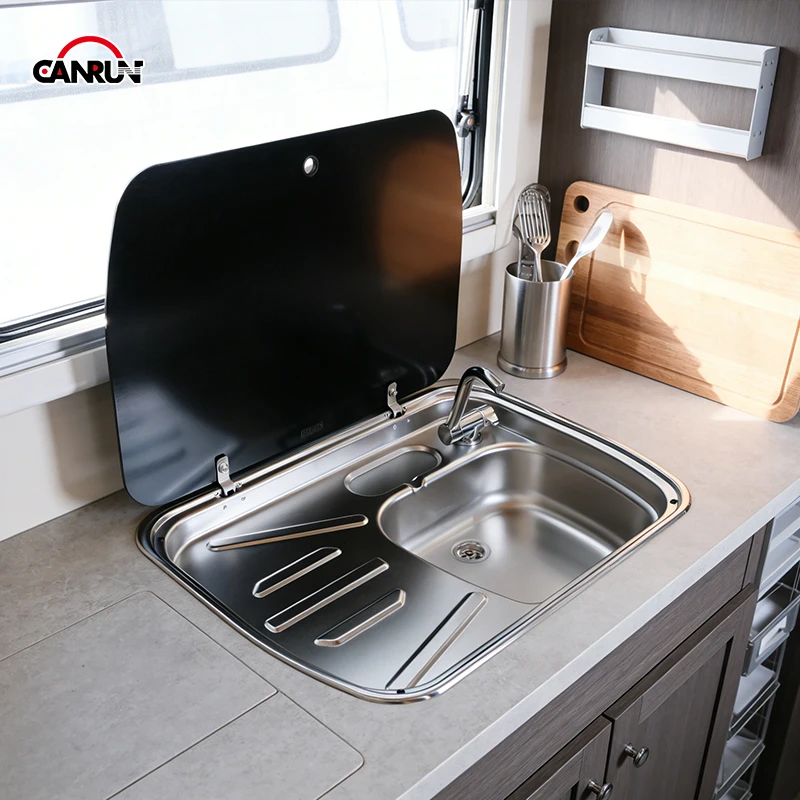 CANRUN Silver Stainless Steel RV Camper Sink with Drainage Area and Tempered Glass Lid for Motorhome Caravan Campervan