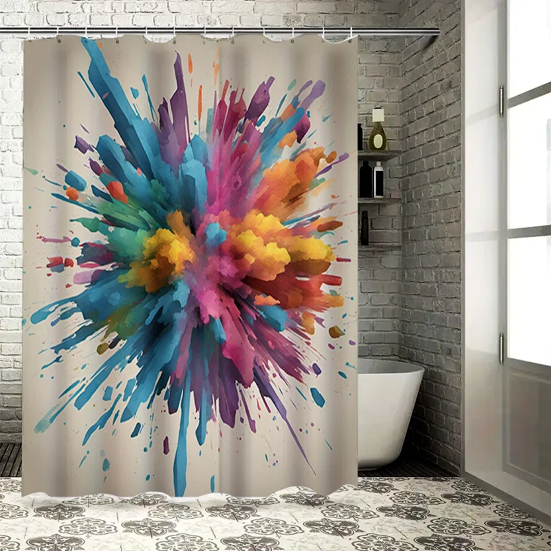 Bunter Duschvorhang, dekorative wasserdichte Badezimmerverkleidung mit blauem, violettem, gelbem rotem Spritzdesign (Größe 72 x 84)