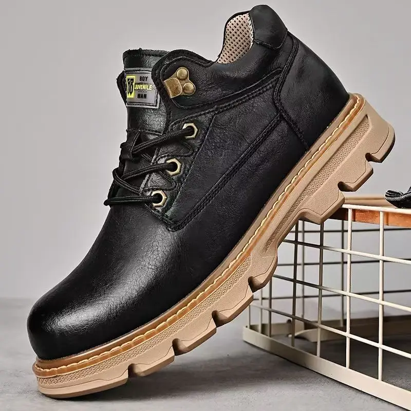 

Мужские рабочие ботинки из натуральной кожи на толстой подошве со шнуровкой, весна-осень, новинка, с круглым носком, нескользящие, для активного отдыха, для скалолазания, мотоботы