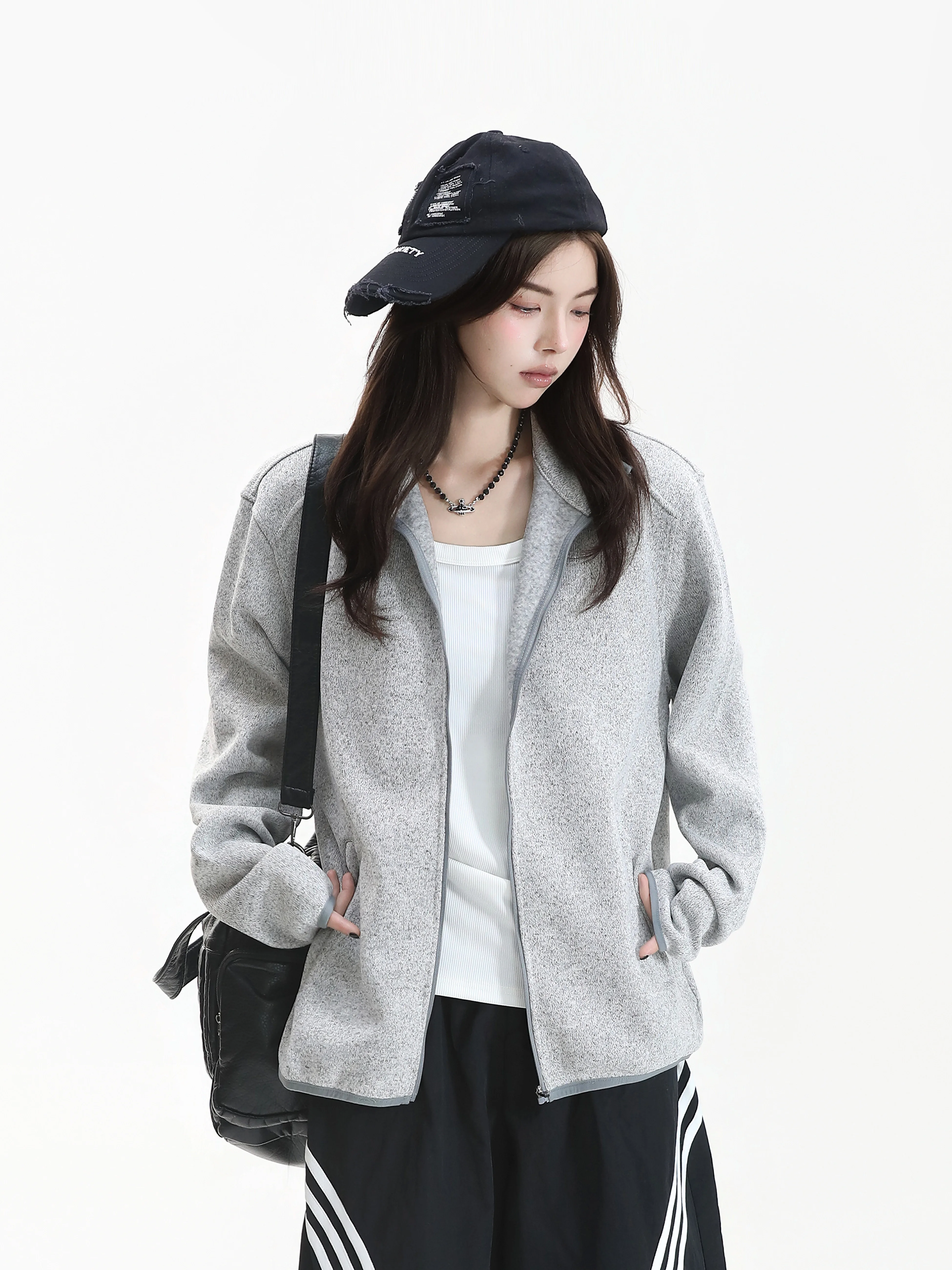 Cleanfit Vintage Knitted Short Coat Casual Loose Fit Zipper Design Basic Style Stand Collar Unisex Knitted Open Cardigan