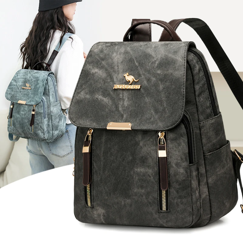 New Fashion Vintage Washed Backpack Women Large Capacity School Bag with Back Zipper Pocket Ladies Daily Commuter Travel Handbag