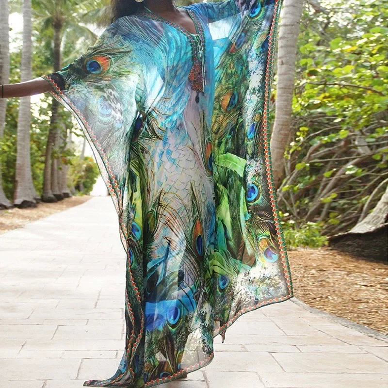 Para Praia paon Kimono Robe de plage maillot de bain couvrir maillots de bain Robe en mousseline de soie Sarong femmes Cardigan ample couvertures de Bikini