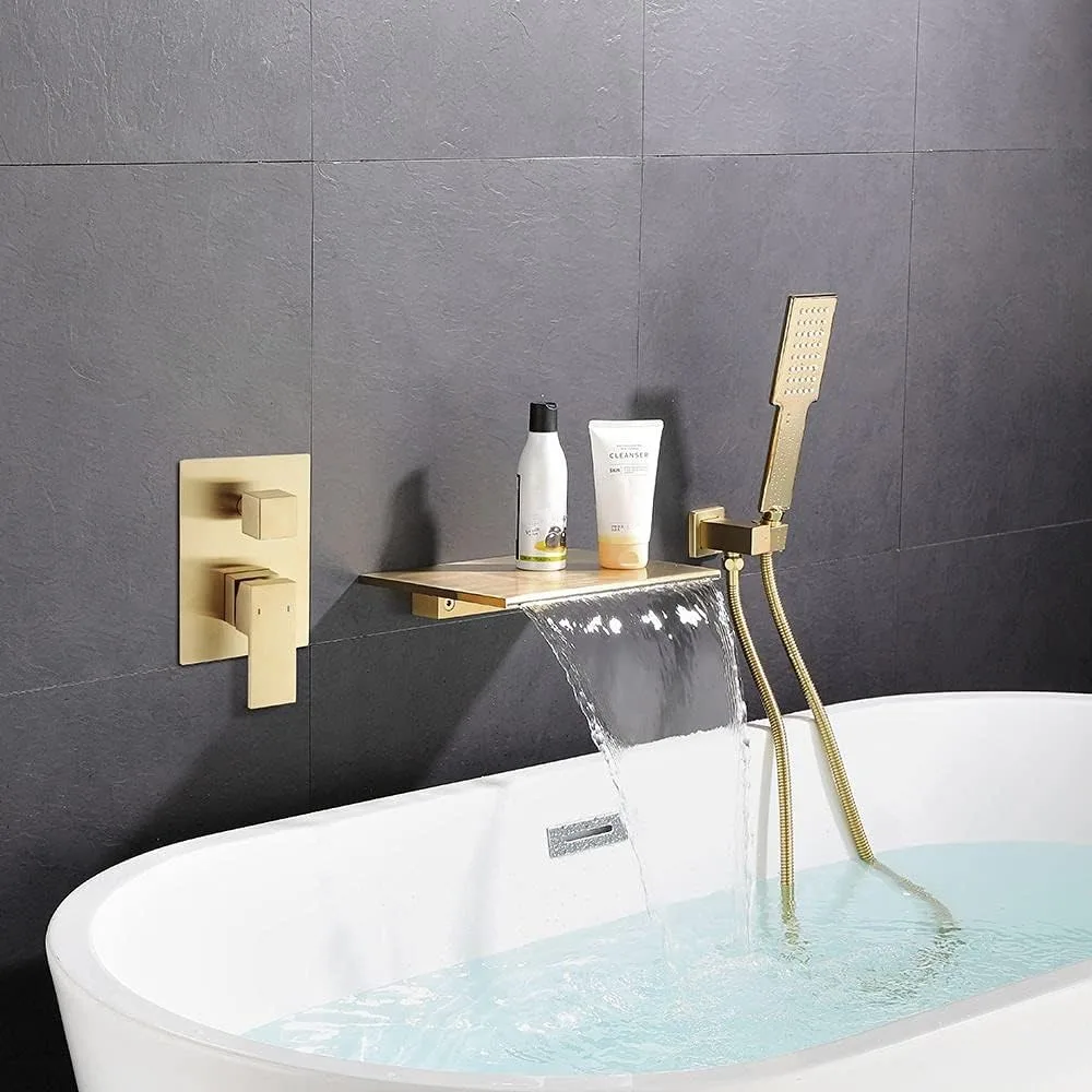 Wall Mounted Tub Faucet Set with Handheld Shower Modern Single Handle Waterfall Spout Tub Filler Solid Brass in Brushed Gold