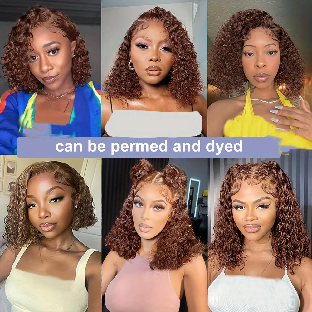 13X4 Chocolate Brown Curly Lace Front Wigs Human Hair Short Curly Deep Wave Bob Wigs Pre Plucked Water Wave #4 Colored Bob Wigs