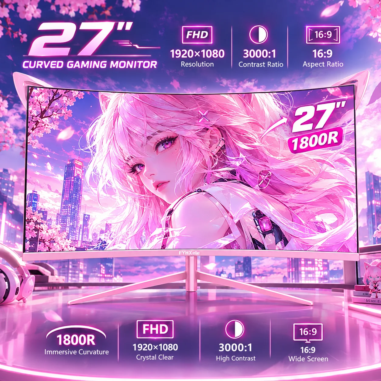yaocx 27-inch Curved Gaming Monitor, 1920x1080, 165Hz, FHD, HDMI