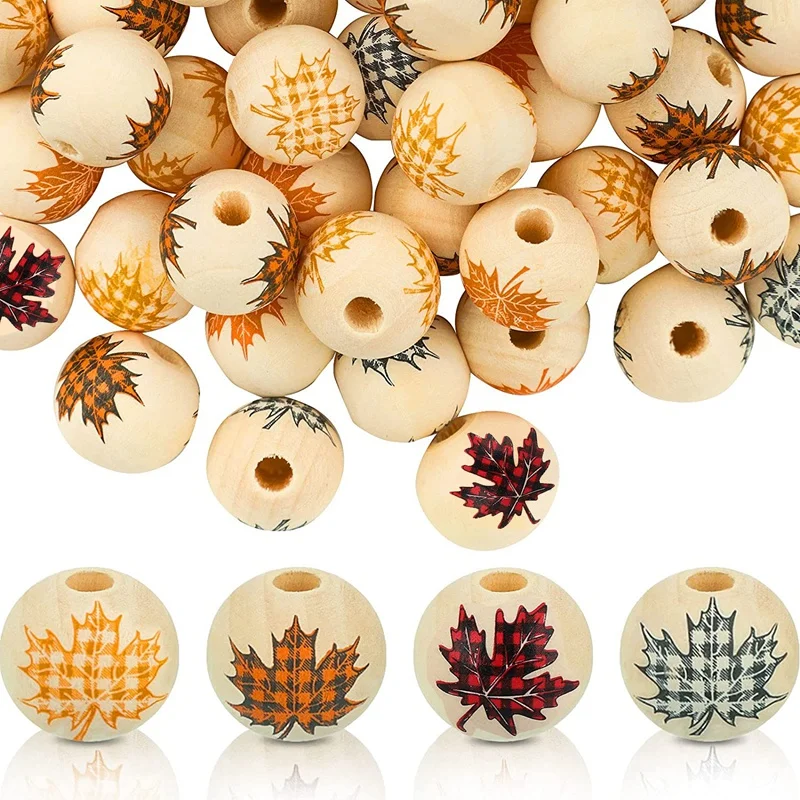 

100 PCS Thanksgiving Wood Buffalo Plaid Beads Plaid Print Maple Leaf Wooden Beads Autumn Rustic Farmhouse Craft Bead