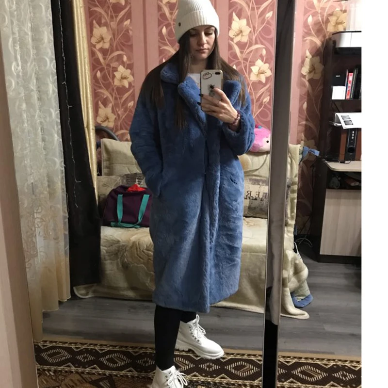 Nuove donne invernali cappotto di pelliccia di coniglio finto cappotto allentato con risvolto spesso caldo Plus Size cappotti di peluche femminili cappotto di pelliccia lungo di lusso