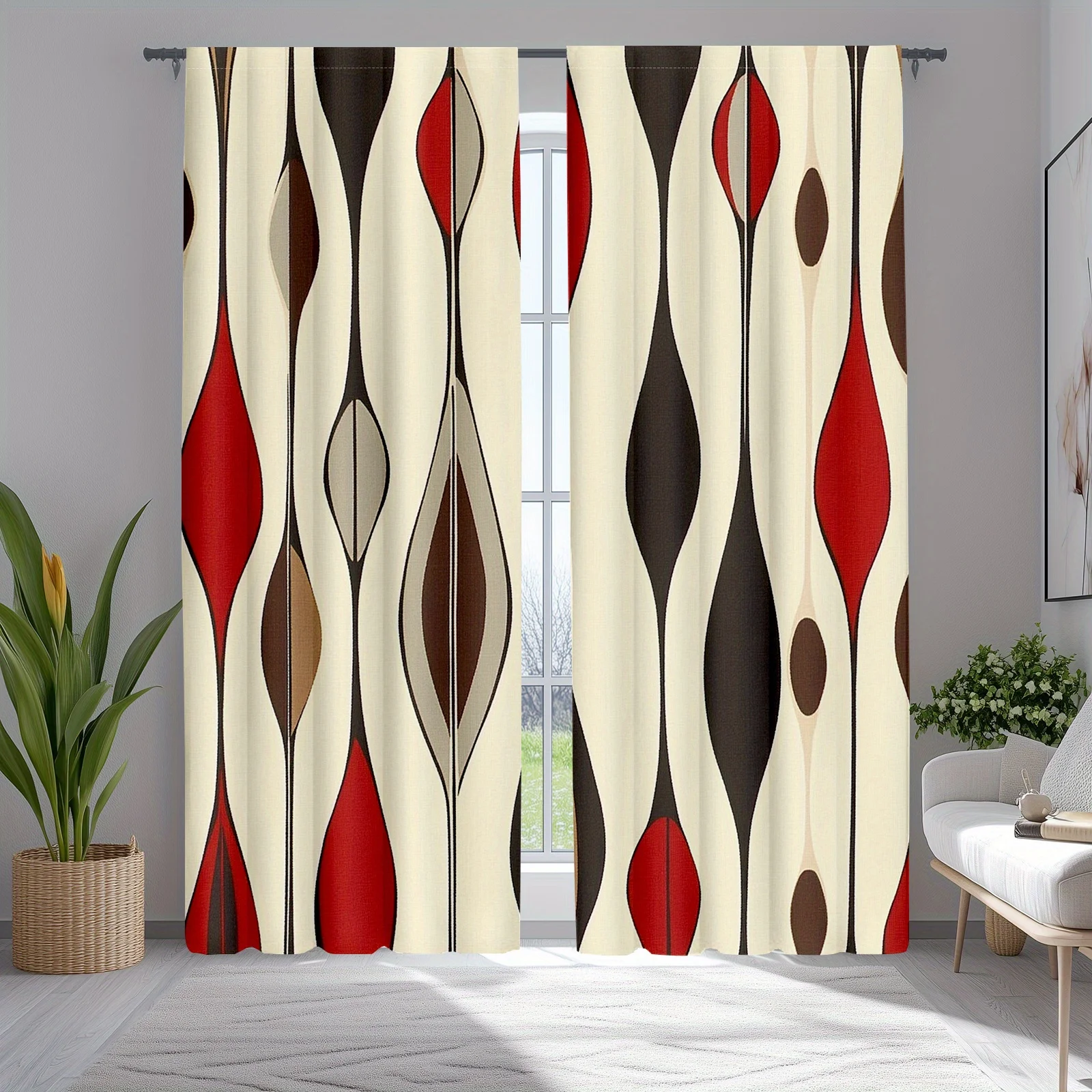 Modern Geometric Curtain, Abstract Red Brown Leaf Pattern Drape, Retro Mid Century Window Treatment for Living Room Bedroom Home