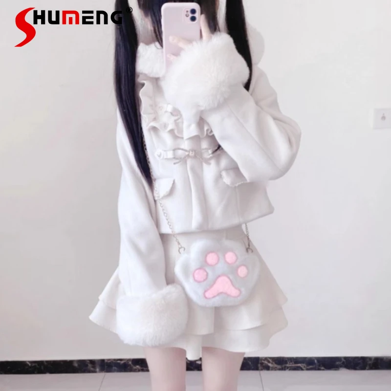 

Японская повседневная одежда Rojita Y2k, пальто с капюшоном и милым бантом, кожаная короткая утолщенная шерстяная куртка с сердечком на пуговицах, женская куртка в стиле Лолита Jaquetas