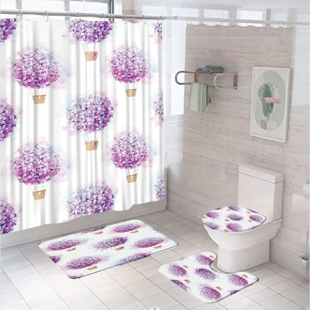 4Pcs Fantasy Purple Flowers Hot Air Balloon Shower Curtain Set Floral Girl Bathroom Curtains With Bath Mat Rug Lid Toilet Cover