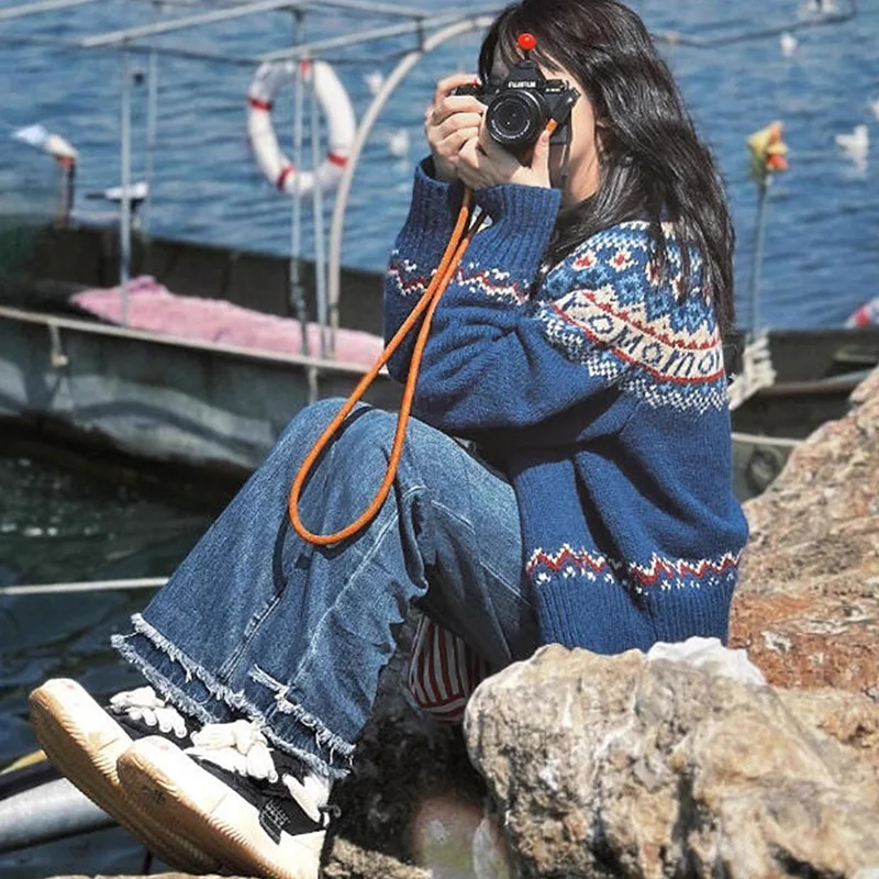 Fair Isle Cardigan feminino novo vintage padrão de Natal casaco de malha gola alta jaqueta quente de grandes dimensões