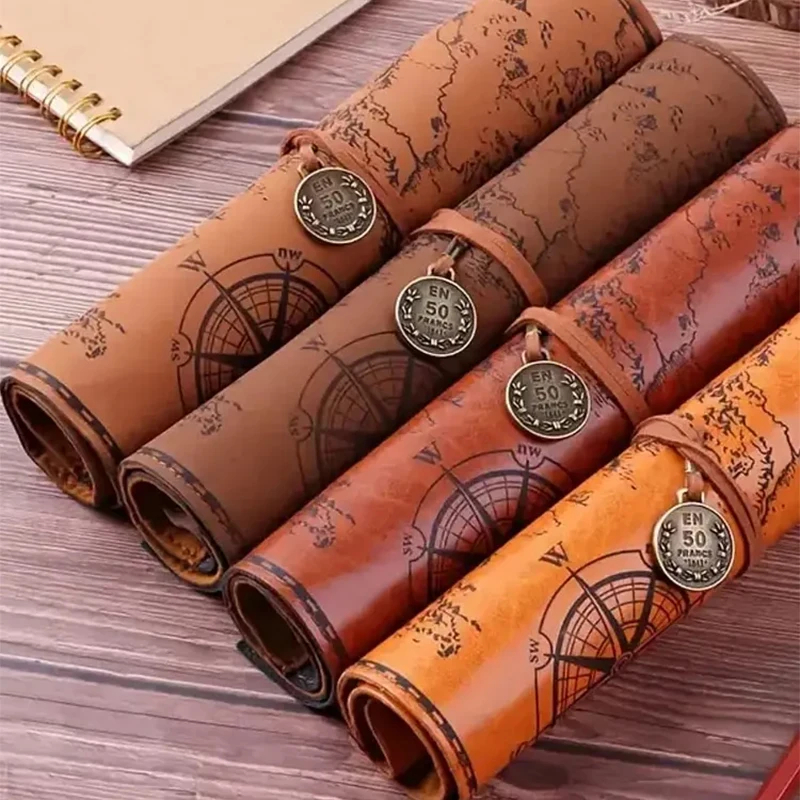 1PC Creative Treasure Map Retro Pencil Case Leather Large Capacity Roll Pencil Bag Embossed Buckle Simple Stationery Box Roll