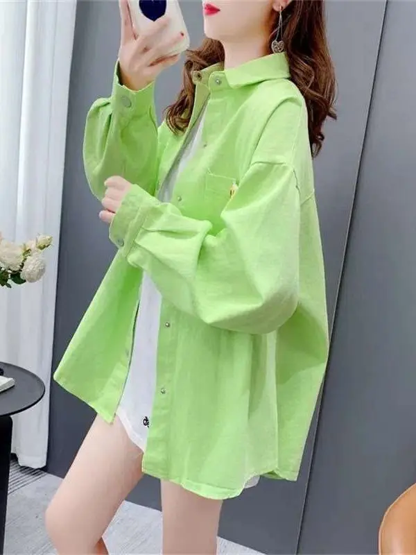 

Candy Color Vintage Denim irt Women's Loose Lazy Sle Cleanfit Poly Fabric Long Sve Collar Medium Length